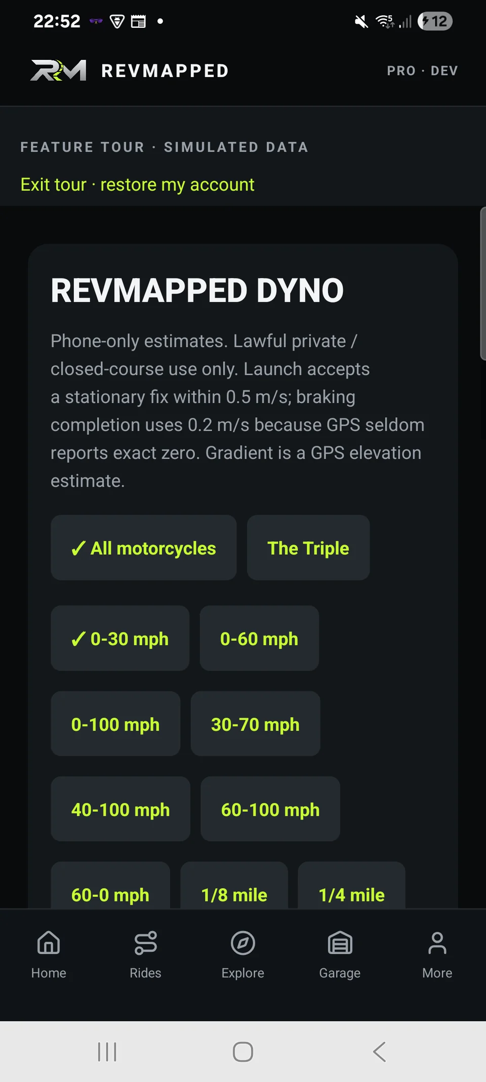 Real REVMAPPED Pocket Dyno screen showing all nine supported tests