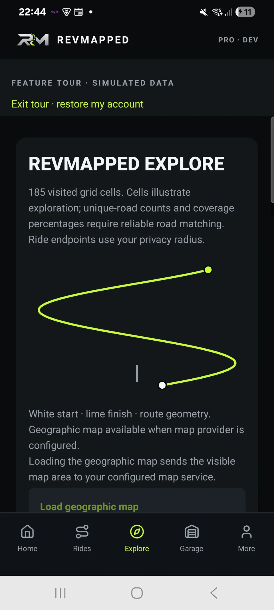 The REVMAPPED Explore interface with a simulated route