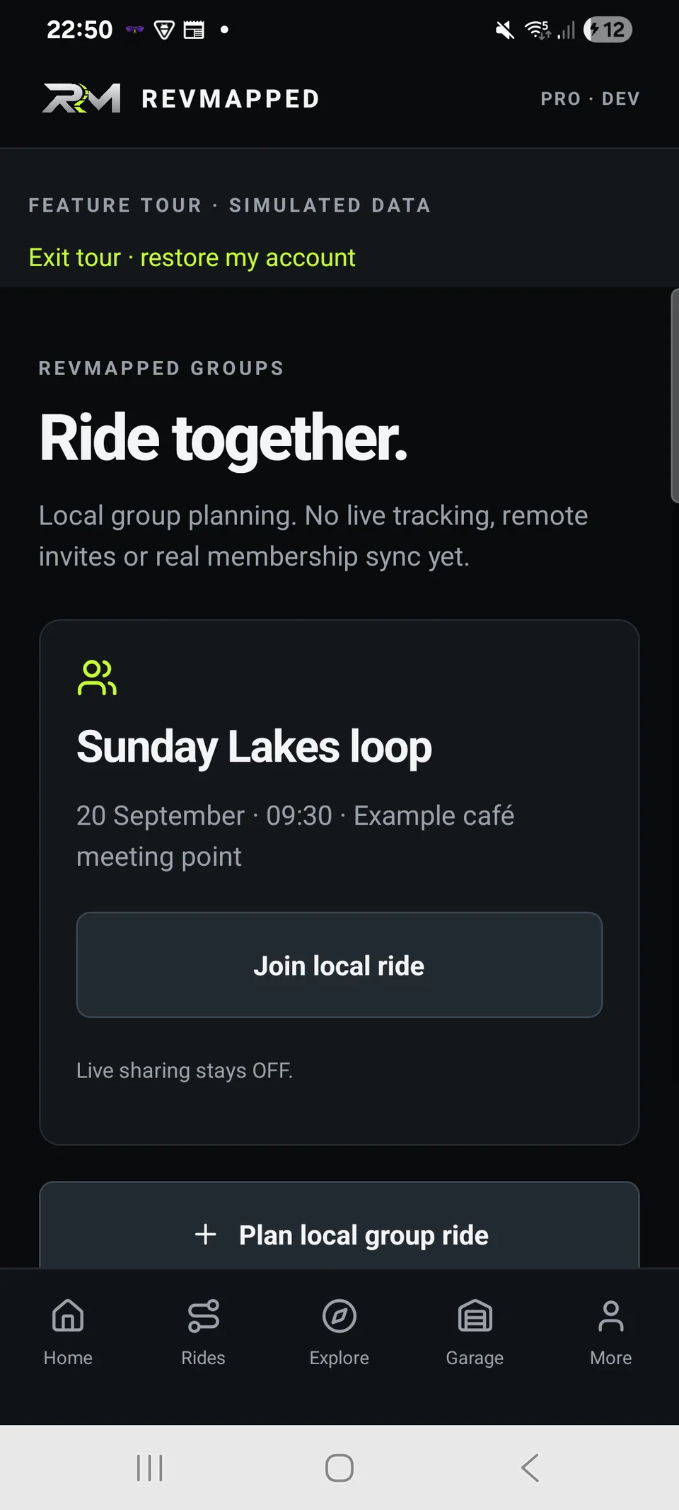 REVMAPPED group ride planning screen with example ride details