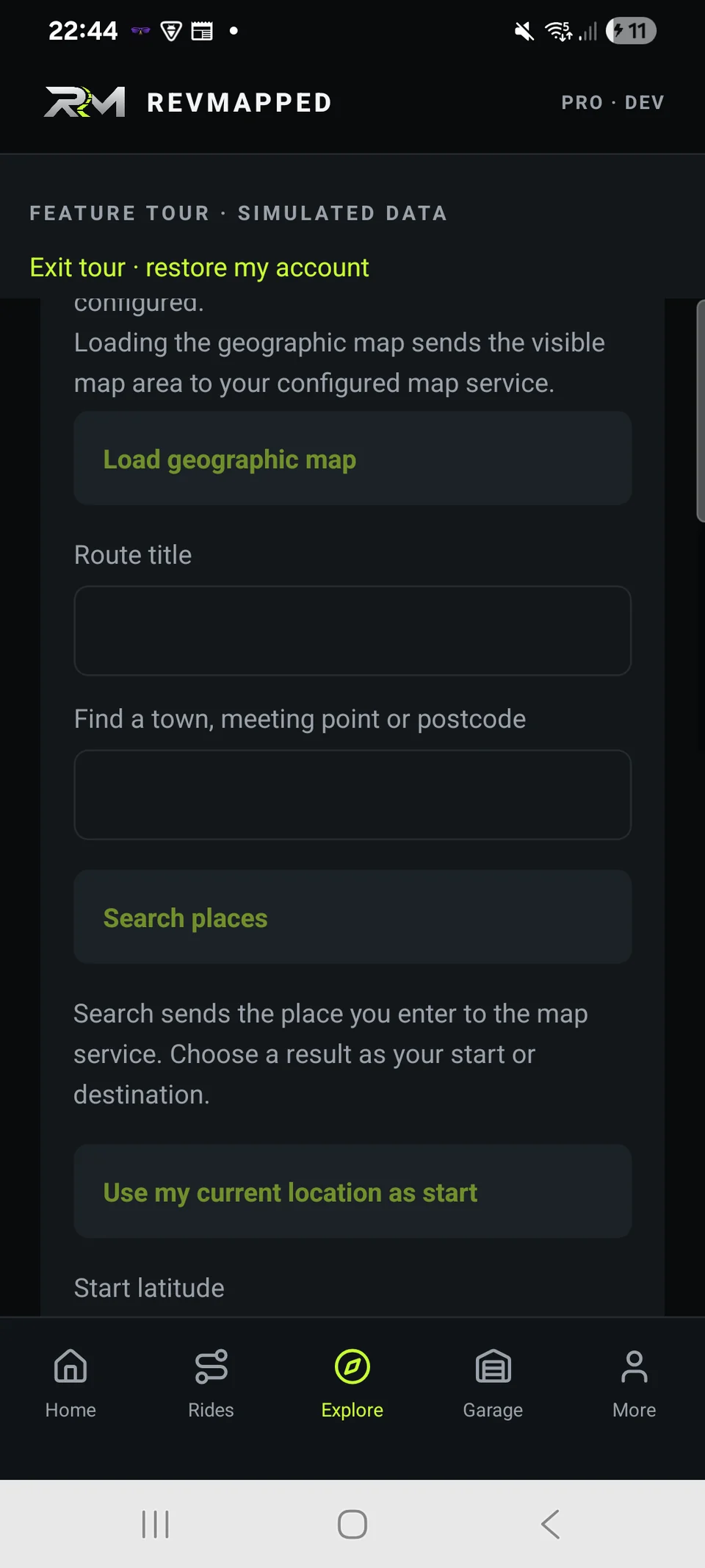 REVMAPPED route planning controls in the Android application
