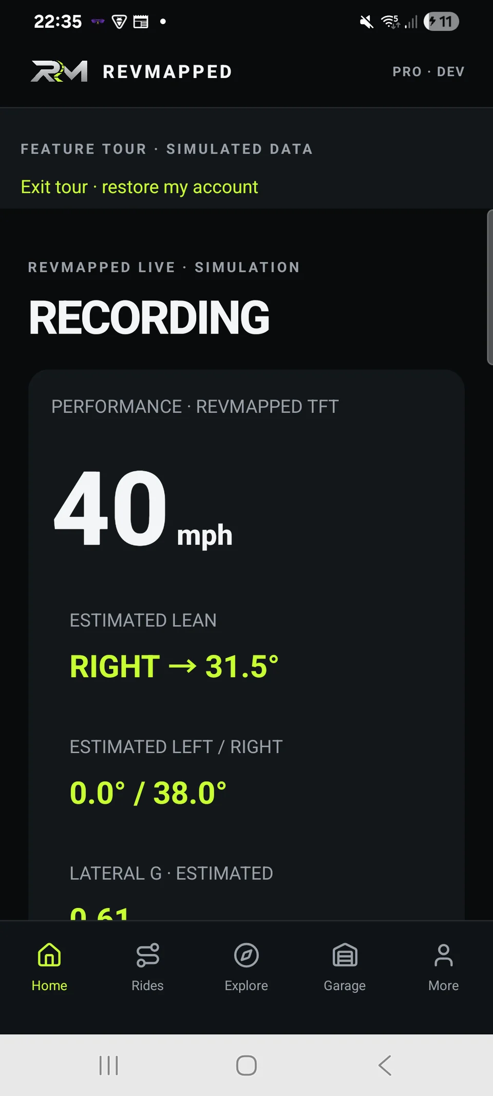 REVMAPPED Android recording dashboard showing simulated speed and estimated directional lean