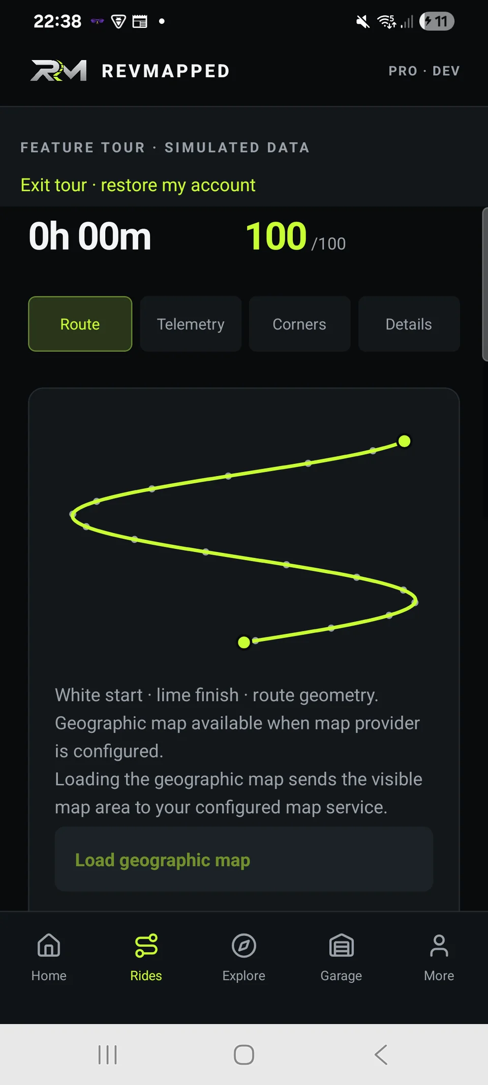 REVMAPPED saved ride route and summary with simulated data